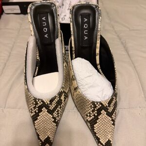 Aqua Beige and Black Snake-Print Pointed Toe Mules